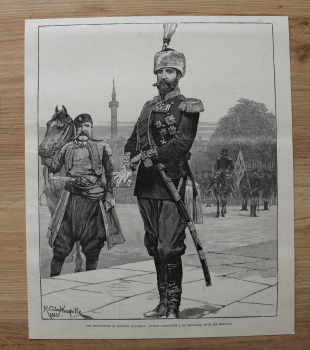 Holzstich Bulgarien 1885 Revolution in Roumelia Prinz Alexander I von Bulgarien mit Diener